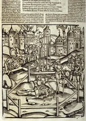 Aeneid by Virgil (70 BC-19 BC), Book XII, the Trojan hero Aeneas kills Turnus in battle under the eyes of the Latins and Rutulians. Xylography by Sebastian Brant (1458-1521).