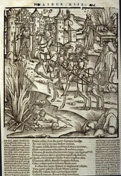 Eneide de Virgil (70 BC-19 BC), book XIII (supplementum), the Trojan hero Aeneas receives the Latins, sacrifices are made in honor of the victims of war. Xylography by Sebastian Brant (1458-1521). Strasbourg