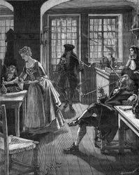 England, late 17th century: men smoking in a cafe. Engraving of the 19th century. In 