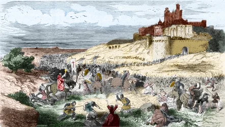 Engraving: Crusade against the Cathars - Albigensians - Capture of Béziers, 21 July 1209, by Simon de Montfort (Simon IV, Count of Montfort); the 7000 inhabitants are massacred and the city plundered and burned - Engraving in “Histoire de France en cent