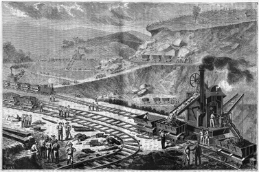 Engraving from 1885 showing the work of drilling the Isthmus of Panama. View of one of the attacks at Emperador
