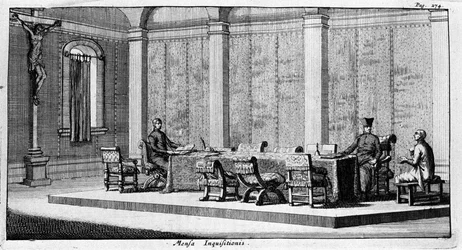 Engraving representing an interrogation in the Tribunal of the Inquisition. 17th century