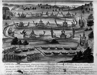 Entombment of the French ambassadors in the Siam River - in Voyages of the Kingdom of Siam, historical of 1688.