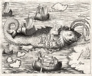 Episode of the Legend of Saint Brandan (Brendan): a fantastic journey of the Irish abbot of the 6th century in search of earthly Paradise. Print from 1621