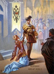 Ernani by Giuseppe Verdi, Act IV, Scene IV. chromolithograph 19th century