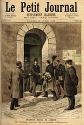Eugene Turpin (1848-1927), chemist, inventor in 1884 of melinite (an explosive), unjustly accused of having sold his invention to the enemy, was innocent and freed from the prison of Etampes. Engraving in 