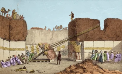 Excavations of Nineveh - The ruins of Nimrud by Henri Layard; replacement of the great bull wing - The shipment of a winged bull from Nimrud, during the excavations of Sir Austen Henry