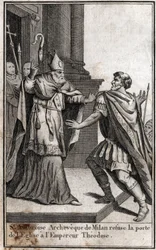 Excommunication: the arch of St. Ambrose of Milan (Aurelius Ambrosius, Ambrogio di Milano (340-397) refuses the church door to the Roman Emperor Theodosius I (Flavius Theodosius) (347-395) to punish him for the massacre of Thessaloniki in 390. Engraving in
