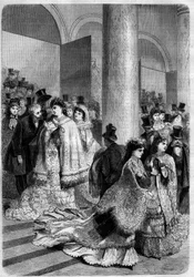 Exit a performance at the boulevard des Italiens in Paris. Engraving in 