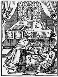 Exorcism: A Demon Leaves the Body of a Possessed Witch While a Priest Offers Her Communion - Engraving of 