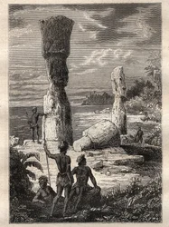 Expedition around the world (1785-1788) by Jean Francois Galaup de La Perouse: indigenes of Easter Island looking at monumental statues (Moai) - illustration taken from The Great Mariners of the 18th century