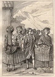Expedition around the world by Jean Francois Galaup de La Perouse: costumes of the inhabitants of Concepcion (Chile) - illustration taken from “The Great Mariners of the 18th century”