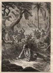 Expedition by Nicolas Thomas Marion-Dufresne (Marion Dufresne) (1729-1772): the only surviving sailor witness the massacre of all his comrades, including Marion, by the natives of Assassins Bay (Matuaro Island, New Zealand) - illustration taken from 