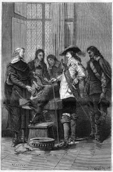 Experience of William Harvey (1578-1657), English doctor showing Charles I Stuart (1600-1649) king of England and doctors of the Royal College of London the phenomenon of blood circulation on a living doe. Engraving in La Nature