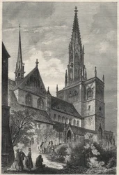 Exterior view of the Notre Dame Cathedral in Constance, Germany. Engraving in 