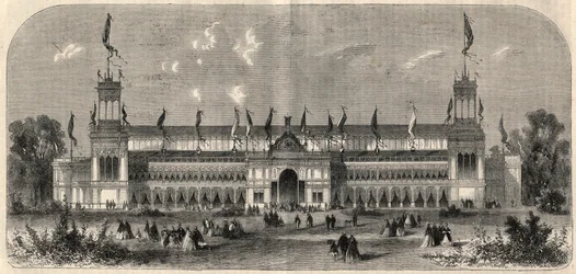 Exterior view of the palace of the Third German Federal Shooting Festival in Vienna, Austria. Engraving in "L