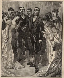 Famous Diamonds: Banker Vanlerberghe Showing a Fake Regent at the Beginning of the 19th Century. Engraving from 1885 in 