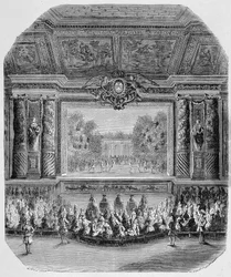 Fete of Louis XIV, by the Duke of Saint Aignan (Comedy in music, played in the park of Versailles) Engraving