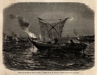 Fire Fishing in Yedo Bay (Present-day Tokyo), During the Night. Engraving to Illustrate Japan, Travel Story by Aime Humbert