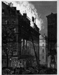 Fire of the Opera Comique in Paris seen from Rue Marivaux and Boulevard des Italiens on 26 May 1887. Engraving in 