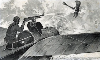 WWI: The French Aviator Jules Vedrines on His Bleriot Aeroplane Sends Down a Taube with His Machine Gun, 2nd September 1914