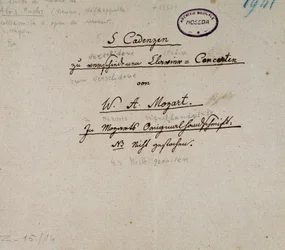 First page of a manuscript of 5 cadences for piano by Mozart