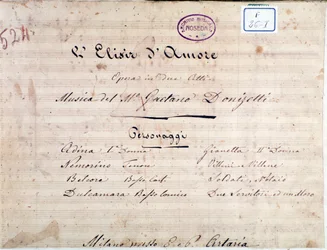 First page of sheet music for The Elixir of Love, opera by Gaetano Donizetti