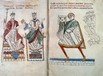 Flavius Josephus Offering His Book to Emperors Titus and Vespasian. Miniature from 