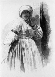 Woman in traditional costume of Piana degli Albanesi (Sicily, 19th century engraving)