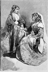 Folklore: women dressed in traditional wedding costumes, Sicily. 19th century engraving