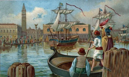 Former shopping centres: return of a Venetian fleet to Venice in the 19th century. Chromolithography of the late 19th century