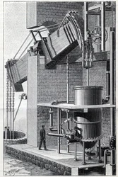 Former steam machine of Thomas Newcomen currently operating near Bristol in England. Engraving in 