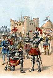 Francis I of France requesting to be knighted by the Chevalier Bayard after victory at the Battle of Marignano, Italy