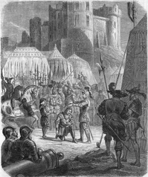 Francis I of France requesting to be knighted by the Chevalier Bayard after victory at the Battle of Marignano, Italy