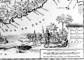 Francisco Pizarro represented on a map of Peru. 17th century.