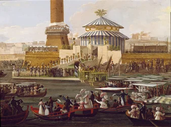 Francois I of the Two Sicilies and his wife Marie Isabella of Spain at a ceremony at the arsenal of Naples