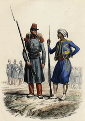 French military uniform: On the left, a foreign legion formed and sent to Algeria in 1831. On the right, indigenous riders, trained and sent to Algeria in 1841. In 