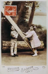 French Postcard Showing a Young Boy and Girl Playing