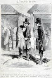 Fripier from the temple district in Paris trying to sell clothes to a man. Engraving of the 19th century