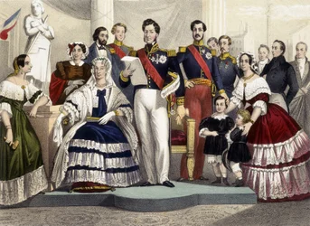 From 1830 to 1848. Princess Marie, Marie Amélie, Louis Philippe 1st, the Count of Paris, The Duke of Chartres and Princess Hélène. Engraving of the 19th Century