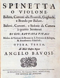 Frontispiece of musical score of Balletti, correnti alla francese opus 3 by Giovanni Battista Vitali