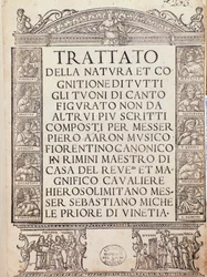 Frontispiece of Trattato della natura e Cognizione di tutti gli duoni di canto figurato by Pietro Aron