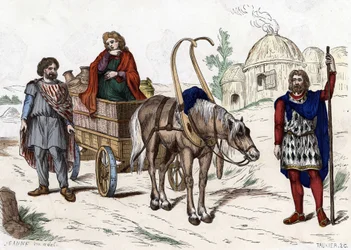Gallic housing, woman, peasant, chariot, rich farmer, harness from “Les Costumes civil et militaires des Français dans travers les siècles”. Paris F. Roy 1882.