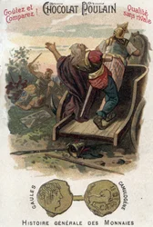 Gauls Aulerque: Battle of Lutetia between Camulogene and Labienus in 53 BC. In General History of Coins. Chromolithography of the end of the 19th century. Private collection.