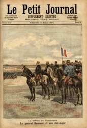 General Felix Gustave (Felix-Gustave) Saussier (1828-1905) and his staff reviewed the troops at Vincennes. Engraving in 