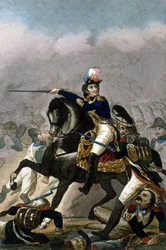 General Jean Lannes, Duke of Montebello (1769-1809) at the Battle of Essling (21 - 22 May 1809). Engraving 19th century. Milan