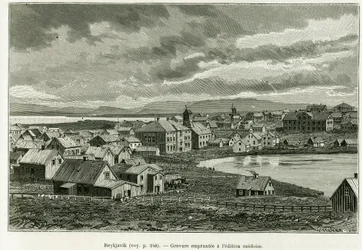 General view of Reykjavik. Engraving to illustrate the story The new expedition of Professor Nils Adolf Erik Baron Nordenskjold in Greenland, by Charles Rabot, in the tour du monde 1886, under the direction of Edouard Charton.