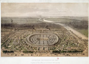 General view of the 1867 World Exposition taken from Trocadero in Paris: the Champ de Mars and the bridge of Iena crossing the Seine
