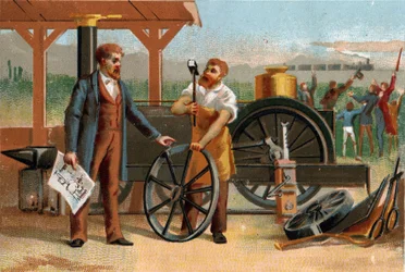 George Stephenson (1781-1848) represented with one of his inventions: the locomotive. Late chromolithography of the 19th century
