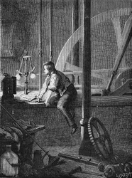 George Stephenson, an engine driver and worker in Newcastle, dismantles and repairs his steam engine. In “Album de la Science”, Éditions Jouvet